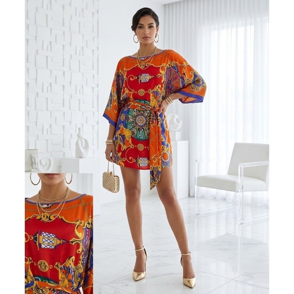 Aum Couture Silk Mini Dress XS Red Blue Baroque Scarf Print Belted Tunic USA Art